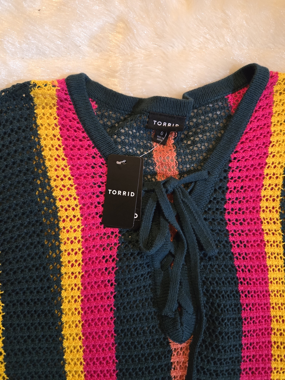 Torrid Green Multicolored Crochet Stitch Pullover Fringe Hem Sweater